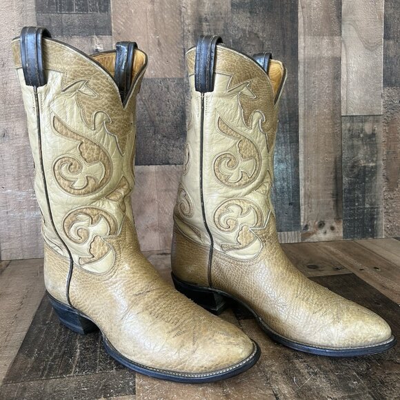 Tony Lama Vintage Bullhide Leather Inlay Cowboy Boots Mens 12 D - Picture 1 of 12